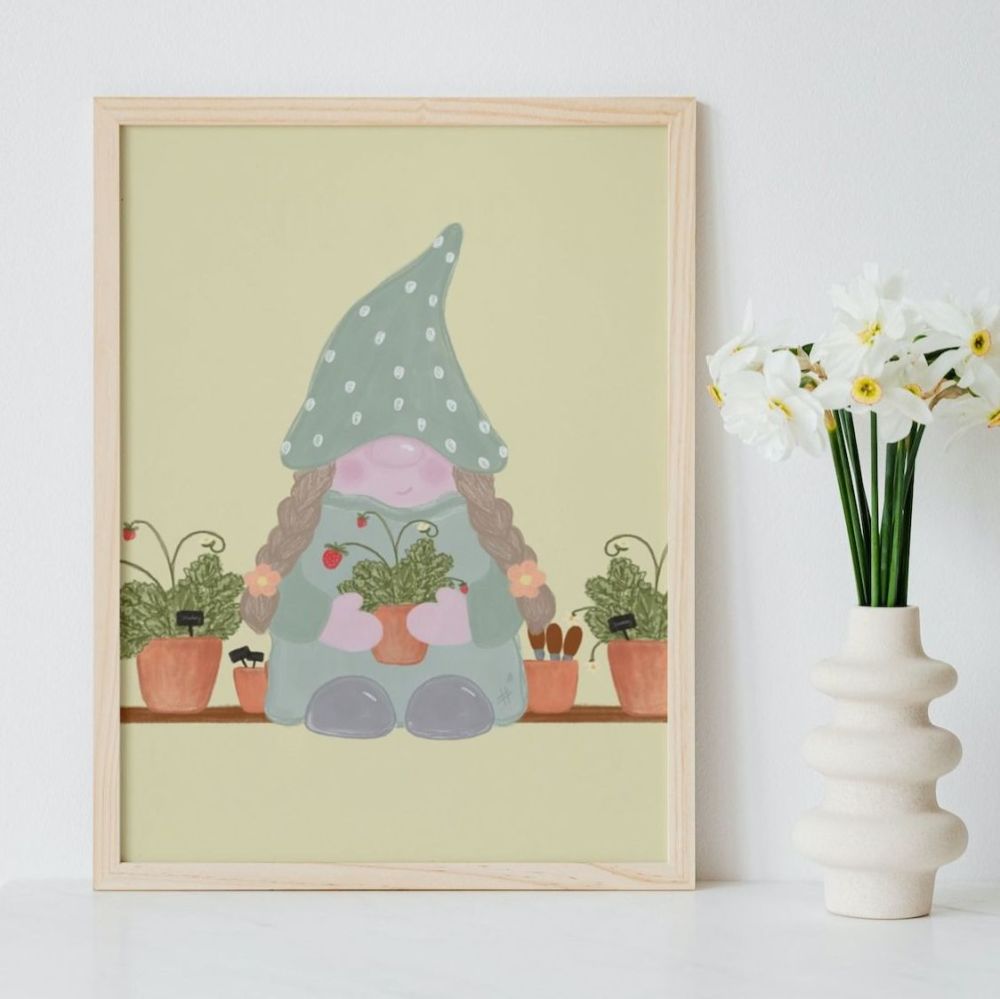 Ginny the Garden Gonk sat on a Strawberry Shelf Art Print