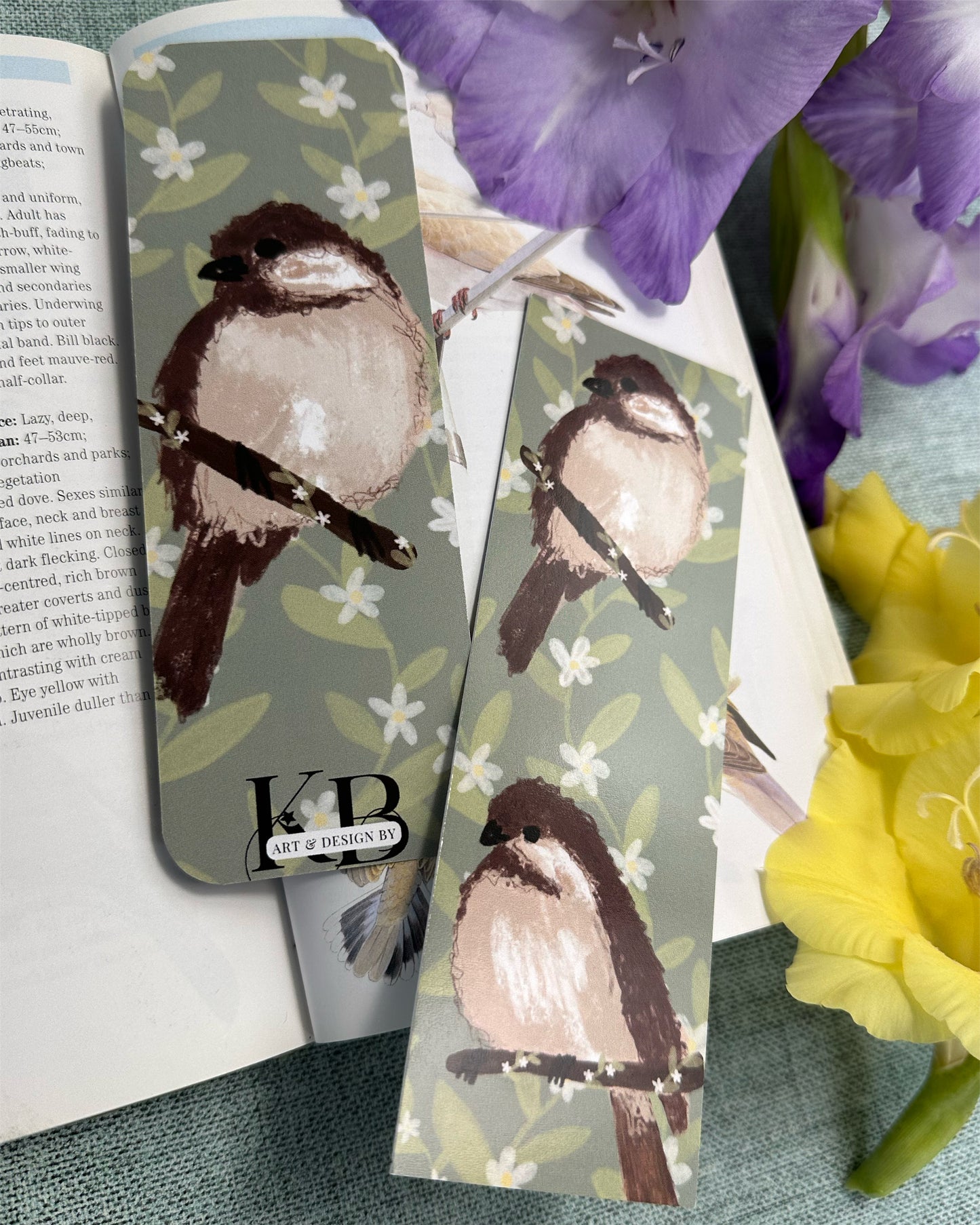Brown birds and blooms double sided bookmark