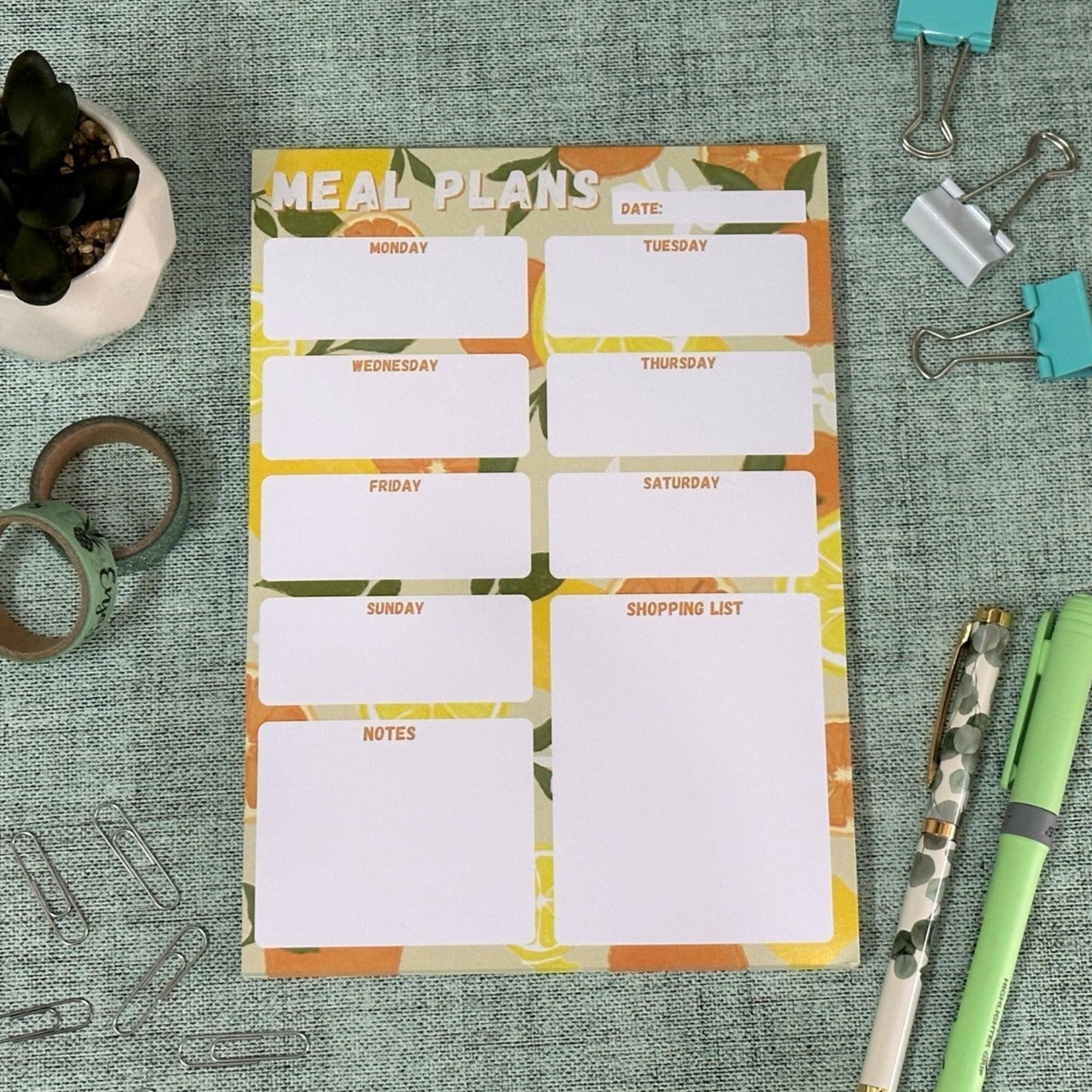 Meal Planner A5 Notepad with an oranges and lemons theme | 50 Tear off meal plan sheets