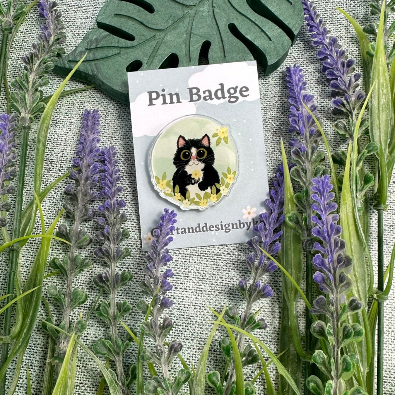 Black Cat in a Meadow Acrylic Pin Badge