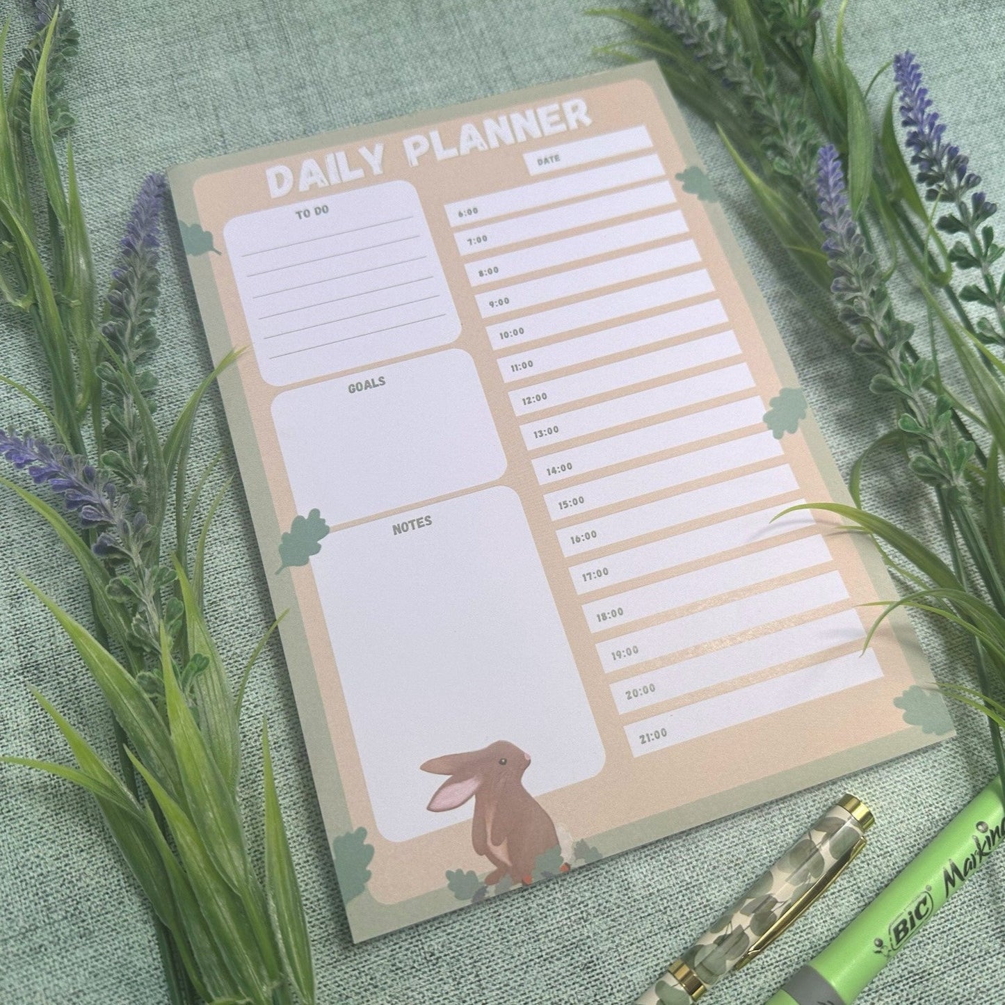 A5 Daily Planner Pad in soothing calm colours with a cute bunny illustration
