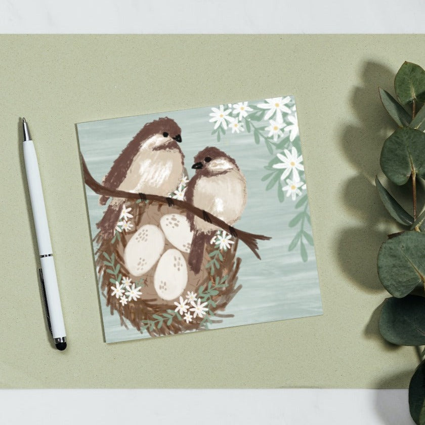 Birds, blooms and nest Greetings Card