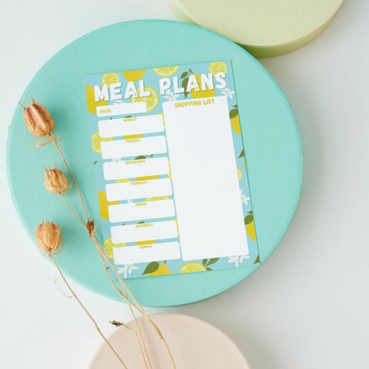 Meal Planner A5 Notepad with a lemons on blue theme | 50 Tear off meal plan sheets