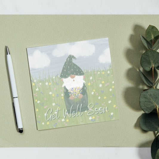 Get Well Soon - Gnome with flowers Greetings Card