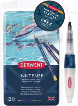 DERWENT INKTENSE PENCIL TIN with PUSH BUTTON WATERBRUSH (12 Pencils)